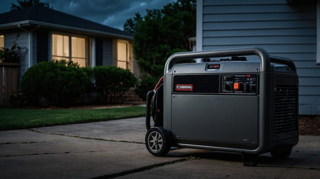 a portable generator set up outside home providing power during a storm